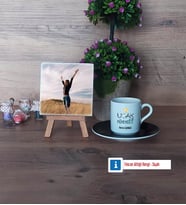 Uçak Mühendisi Fotoğraflı Dekoratif Taş, Ahşap Altlıklı Türk Kahvesi Fincanı Hediye (Model 7)