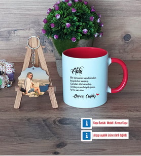 Ablaya Hediye Kupa Bardak Beyaz ve Fotoğraflı Ahşap Anahtarlık Hediye (Model 2)