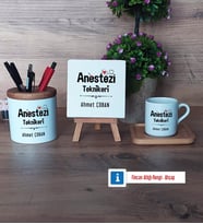 Anestezi Teknikeri Hediye Seti Dekoratif Taş, Kalemlik, Ahşap Altlıklı Türk Kahvesi Fincanı Hediye (Model 1)