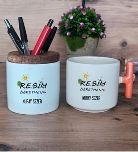 Resim Öğretmeni  Hediye Sepeti Kupa Bardak T Kulplu, Kalemlik Hediyeleri Öğretmenler Günü Hediyesi (Model 7)