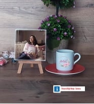 İsme Özel İsim Yazılı Fotoğraflı Dekoratif Taş, Ahşap Altlıklı Türk Kahvesi Fincanı Hediye (Model 8)