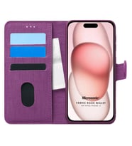 Microsonic Apple iPhone 15 Kılıf Fabric Book Wallet Siyah (Mor)
