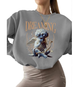 Bej 3 iplik şardonlu bisiklet yaka kadın Rüya görmek Baskılı kalın erkek Sweatshirt unisex (Gri)