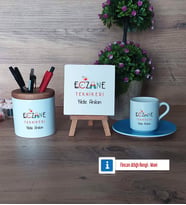 Eczane Teknikeri Hediye Seti Dekoratif Taş, Kalemlik, Ahşap Altlıklı Türk Kahvesi Fincanı Hediye (Model 5)