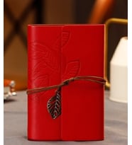 Mobgift Yaprak Tasarımlı Retro Deri Defter + Kalem Hediyeli (Kırmızı)
