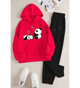 Unisex Uykucu Panda Baskılı Rahat Eşofman Takımı (Kırmızı)
