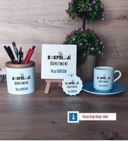 Sosyoloji Öğretmeni Hediye Seti Dekoratif Taş, Kalemlik, Ahşap Altlıklı Türk Kahvesi Fincanı, Ahşap Anahtarlık Hediye Öğretmenler Günü Hediyesi (Model 5)