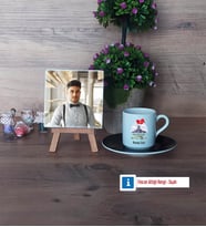 Askere Hediye Fotoğraflı Dekoratif Taş, Ahşap Altlıklı Türk Kahvesi Fincanı Hediye (Model 7)