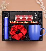 Kişiye Özel Kutusunda Touch Pen & Kupa & Saten Toka & 10'lu Kırmızı Mum Hediye Seti (Mavi)