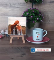 Ütopyalar Güzeldir Fotoğraflı Dekoratif Taş, Ahşap Altlıklı Türk Kahvesi Fincanı Hediye (Model 6)