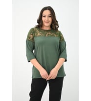 Kadın Büyük Beden Kadife Tül Detaylı Bluz 1856-2 (Haki)