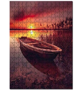Cakapuzzle Günbatımında Kızıl Gökler ve Göldeki Sandal Puzzle Yapboz MDF (Ahşap) (500 Parça)