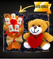 Led Işıklı Kalpli Tatlı Ayıcıklar Buketi & Kalpli Peluş Ayıcık (Turuncu)