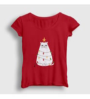 Presmono Kadın Haki Huysuz Kedi Yılbaşı T-Shirt 269823tt (Kırmızı)