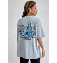 Unisex Kelebek Sırt Baskılı T-shirt (Gri)