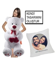 Kişiye Özel Yastık Hediyeli 100 cm Çift Kalp Tutan Romantik Ayıcık (Beyaz)