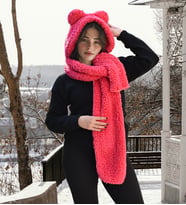 Soğuk Havalara Karşı Koruma: Kapşonlu Welsoft Peluş Bere - Atkılı - Polar Boyunluk Şalı (Fuşya)