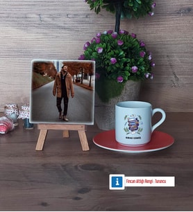 Öğretmenler Günü Hediyesi Fotoğraflı Dekoratif Taş, Ahşap Altlıklı Türk Kahvesi Fincanı Hediye (Model 8)
