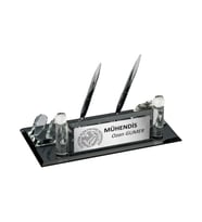 Kişiye Özel Elektrik Elektronik Mühendisi Tasarımlı Kristal Masa İsimliği Saatli Çift Kalem (Gümüş)