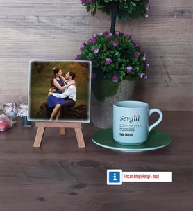 Sevgiliye Hediye Fotoğraflı Dekoratif Taş, Ahşap Altlıklı Türk Kahvesi Fincanı Hediye (Model 9)
