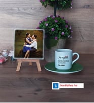 Sevgiliye Hediye Fotoğraflı Dekoratif Taş, Ahşap Altlıklı Türk Kahvesi Fincanı Hediye (Model 9)