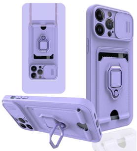 Apple iPhone 13 Pro Max Kılıf Kartlıklı Kamera Korumalı Standlı Manyetik Kapak (Lila)