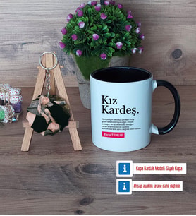 Kız Kardeş Kupa Bardak Beyaz ve Fotoğraflı Ahşap Anahtarlık Hediye (Model 11)