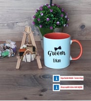 Groom Kupa Bardak Beyaz ve Fotoğraflı Ahşap Anahtarlık Hediye (Model 13)