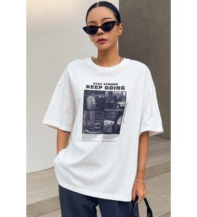 Unisex KeepGoing Baskılı Tasarım Tshirt (Beyaz)