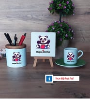 Sevimli Panda Hediye Seti Dekoratif Taş, Kalemlik, Ahşap Altlıklı Türk Kahvesi Fincanı Hediye (Model 9)
