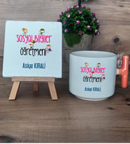 Sosyal Bilgiler Öğretmeni Hediye Seti Kupa Bardak T Kulplu ve Dekoratif Taş Öğretmenler Günü Hediyesi (Model 7)