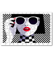 Cakapuzzle Gözlüklü Kadın Damalı Arkaplan Puzzle Yapboz MDF (Ahşap) (255 Parça)