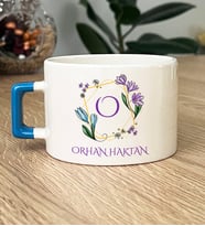 Kişiye Özel Çiçekli O Harfli Hediye Lüks Fincan İsim Soyisim Yazılı (Mavi)