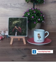 Baykuş Fotoğraflı Dekoratif Taş, Ahşap Altlıklı Türk Kahvesi Fincanı Hediye (Model 6)