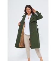 Pastelastore %100 Pamuk Gabardin Uzun (110cm) Astarlı Kemerli Kadın Trençkot 1111 (Koyu Haki)