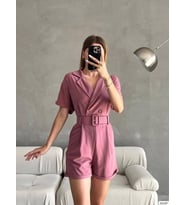 Kadın Dokuma Krep Kumaş Kemerli Şort Tulum (Renk Seçenekli) (Pudra)