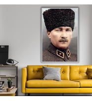 Metal Çerçeveli Temperli Cam Tablo Portre Kalpaklı Atatürk (Gümüş)
