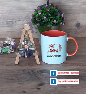 Okul Müdürü Kupa Bardak Beyaz ve Fotoğraflı Ahşap Anahtarlık Hediye Öğretmenler Günü Hediyesi (Model 13)