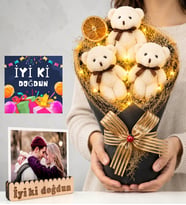 Doğum Günü Hediyesi Led Işıklı Fotoğraflı Krem Peluş Ayıcıklı Büyük Boy Ayıcık Buketi