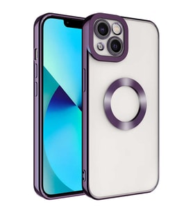 Apple iPhone 13 Kılıf Case, Logo Showing Serisi, Şeffaf, Kamera Korumalı, Logo Gösteren Renkli Çizgi Tasarım (Mor)