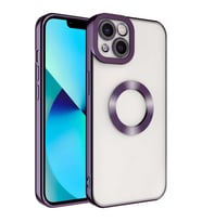 Apple iPhone 13 Kılıf Case, Logo Showing Serisi, Şeffaf, Kamera Korumalı, Logo Gösteren Renkli Çizgi Tasarım (Mor)