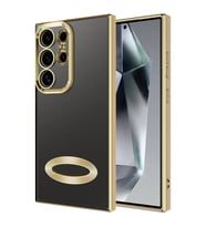 Samsung Galaxy S24 Ultra Kılıf Logo Yeri Açık Kamera Lens Önü Korumalı Renkli Kenarlı Şeffaf Silikon (Gold)