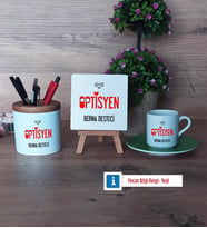 Optisyen Hediye Seti Dekoratif Taş, Kalemlik, Ahşap Altlıklı Türk Kahvesi Fincanı Hediye (Model 9)