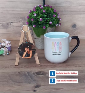Modelist Kupa Bardak Beyaz ve Fotoğraflı Ahşap Anahtarlık Hediye (Model 10)