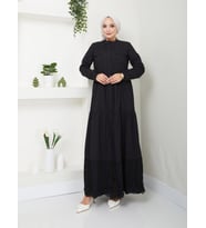 Dantelli Doğal Kumaşlı Boydan Düğmeli Kot Elbise (Siyah)