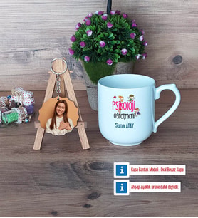 Psikoloji Öğretmeni Kupa Bardak Beyaz ve Fotoğraflı Ahşap Anahtarlık Hediye (Model 5)