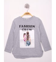 Toontoy Kız Çocuk Fashion Baskılı Tişört ( Gri-Melanj)