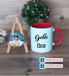 Gelin Kupa Bardak Beyaz ve Fotoğraflı Ahşap Anahtarlık Hediye (Model 2)