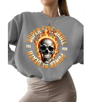 kalın kadın 3 iplik şardonlu unisex Sweatshirt erkek Bej Ateş kafatası Baskılı Sweatshirt bisiklet (Gri)