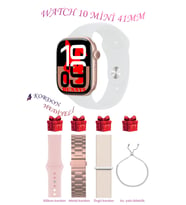 Samsung Galaxy M23 Uyumlu Açık Mavi Akıllı Saat Watch 10 Mini Kordon Hediyeli AMOLED EKRAN 41MM (Beyaz-Pembe)